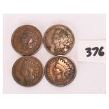 (4) Indian head pennies. 1901, 1904, 1908 and