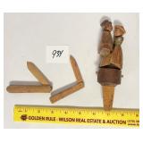 Unique wooden pocket knives and a kissing man and