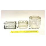 A vintage glass cracker jar, a refrigerator dish