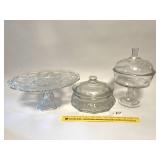 A vintage pedestal dish, a round covered dish,