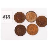 (5) Indian head pennies. 1905, 1897, 1893, 1892,