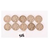 (10) Mercury Dimes, the dates are from 1940 to