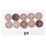 (10) Mercury Dimes, ranging from 1918 to 1945