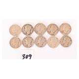 (10) Mercury Dimes, ranging from 1939 to 1945