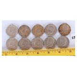 (10) Kennedy 40% silver half dollars.