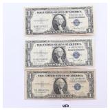 (3) silver certificate $1 bills. 1935 E, 1935 D,