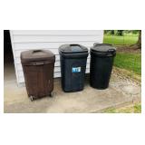 (3) Plastic Garbage Cans on Wheels - One is a