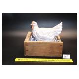 Ceramic Hen in vintage drawer w/ plastic & rock