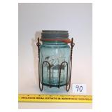 Antique Blue Glass Ball Perfect Mason pint jar w/