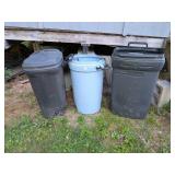 (3) Trash cans, one with lid, blue one has damage