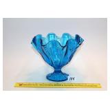 Vintage Blue Glass Ruffled Pedestal Bowl