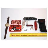 Group lot of knives, embroidered patches & wrist