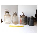 Vintage Galvanized Gas Can, (2) Glass jugs & an