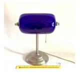 Electric Desk Lamp with Cobalt Blue Glass Shade -