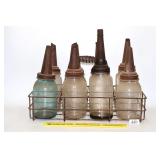 Vintage Jars with Oil Spouts in Wire Carrier