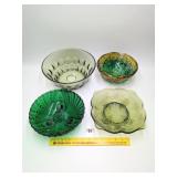 (4) Vintage Green Glass Bowls.  One has Flashed