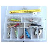 Assortment of fishing lures w/ box