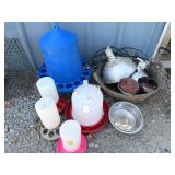 Group lot of Chicken feeders, heat lamps and