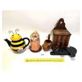 Honeybee tea pot, dog planter, wooden cat shelf