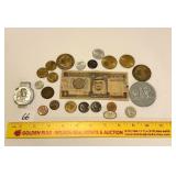 Group lot of coins & tokens: couple of 1974 Mark