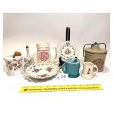 Assortment of Vintage items; cheese crock, bell,
