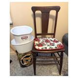Vintage wooden chair & some small trash cans