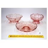 (3) Pink Glass Items w/ etched floral pattern
