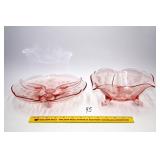 Pink Glass footed plate & bowl w/ etched floral