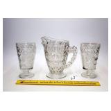 Vintage Clear Glass Thumbprint Pitcher & (2)