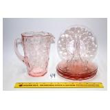 Pink Crinkle Glass Pitcher & (6) Pink Depression