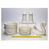 (3) Pfaltzgraff 'Tea Rose' 'Kitty' bowls; salt &
