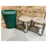 2 Small Plastic Tables and Garbage Can