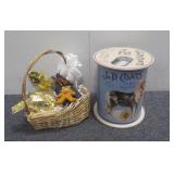 (1) Wicker Basket w/Asst Contents, (1) Figurine