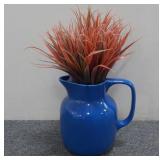 Blue Ceramic Jug Vase w/Artificial Red Grass