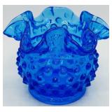 Fenton Hobnail Small Blue Ruffled Glass Vase