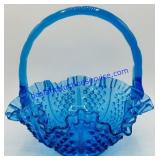 Fenton Hobnail Blue Ruffled Glass Basket