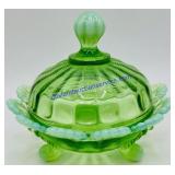 Mosser Green Opalescent Glass Footed Covered