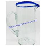 Cobalt Blue Rim Mexican Blown Glass Pitcher