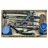 Caulk gun, hammers, c clamp, drill bits