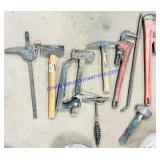 Lot of Pipe Wrenches, Hammers, Etc