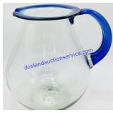 Blown Glass Cobalt Blue Rim & Handle Pitcher