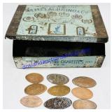 Antique Egyptian Cigarettes Tin & 9 Flat Pennies