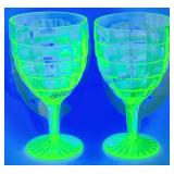 2 Uranium Glass Wine Glasses