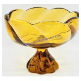 Twisted Base Amber Ribbed Edge Art Glass Dish