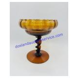 Twisted Stem Amber Art Glass Dish