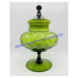 Olive Green Art Glass Covered Candy Dish