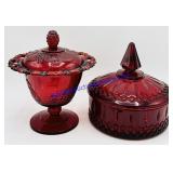 2 Ruby Red Glass Lidded Dishes