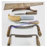 Corn Saw Blade, Antique Wood Plane and Knifes
