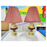 2 Large Brass & Burgundy Table Top Lamps