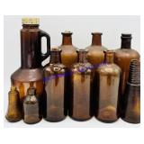 10 Antique Brown Glass Bottles